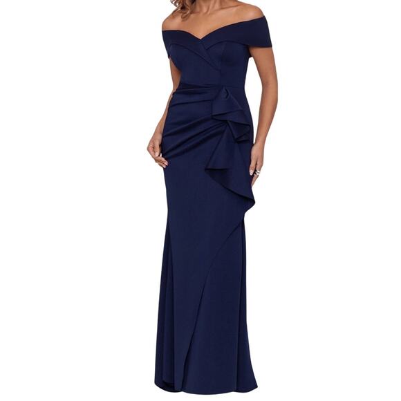 Xscape 4793XW Ruffle Patti Off the Shoulder Scuba Knit Gown dress blue size 6P - Picture 1 of 8